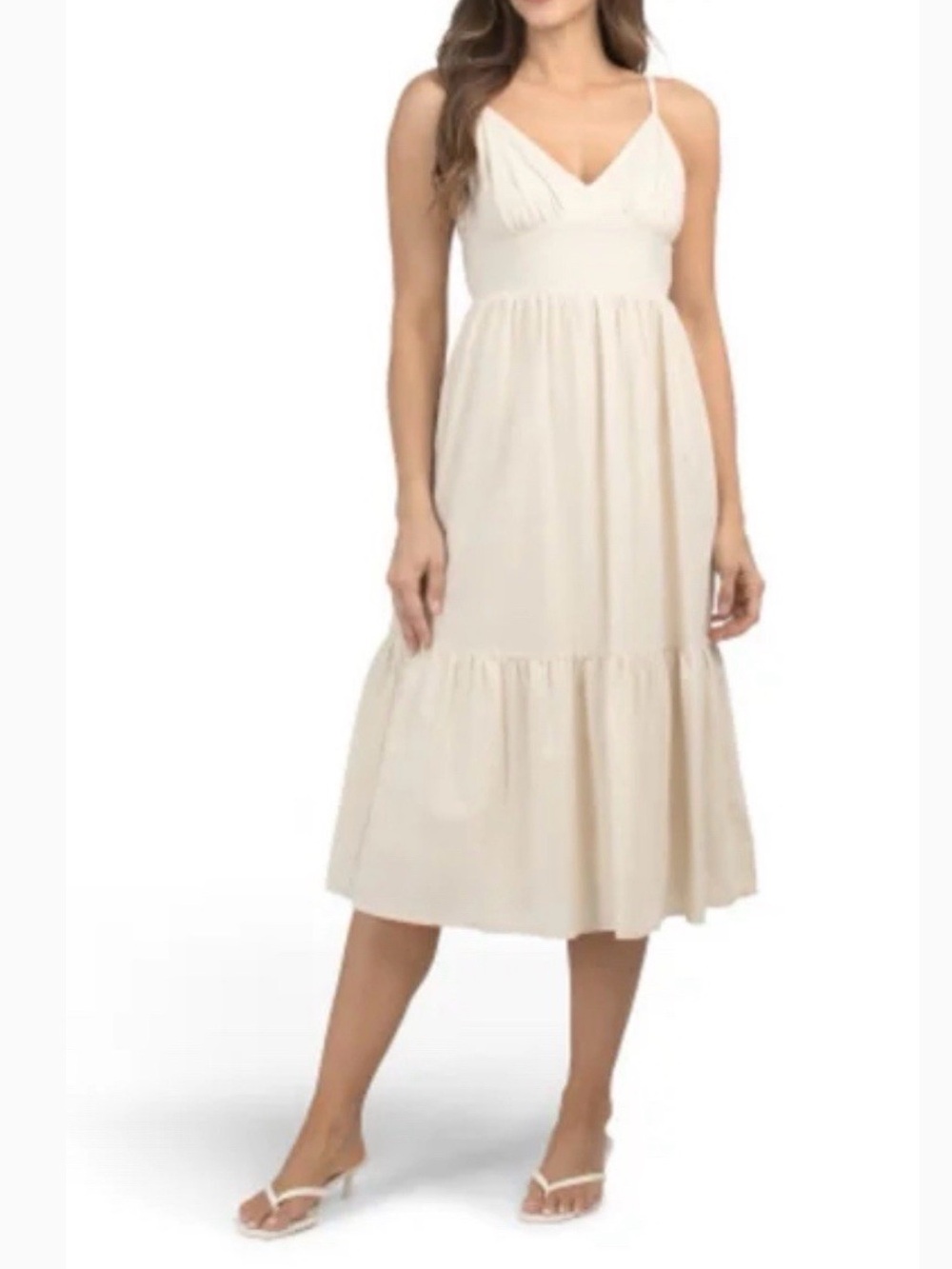 Japna Cream Sleeveless V-Neck Tiered Midi Dress